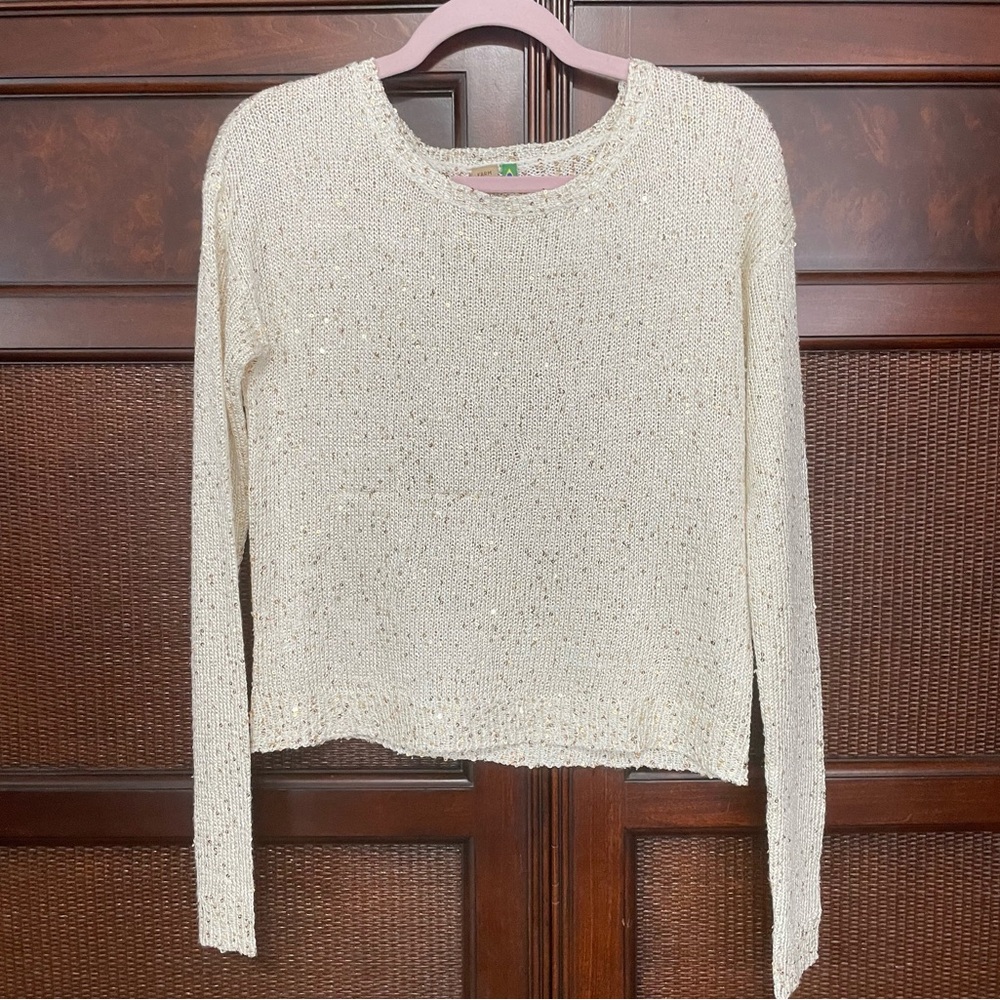 Farm Rio Cream Lightweight‎ Gold Sequins Pullover Sweater Size P